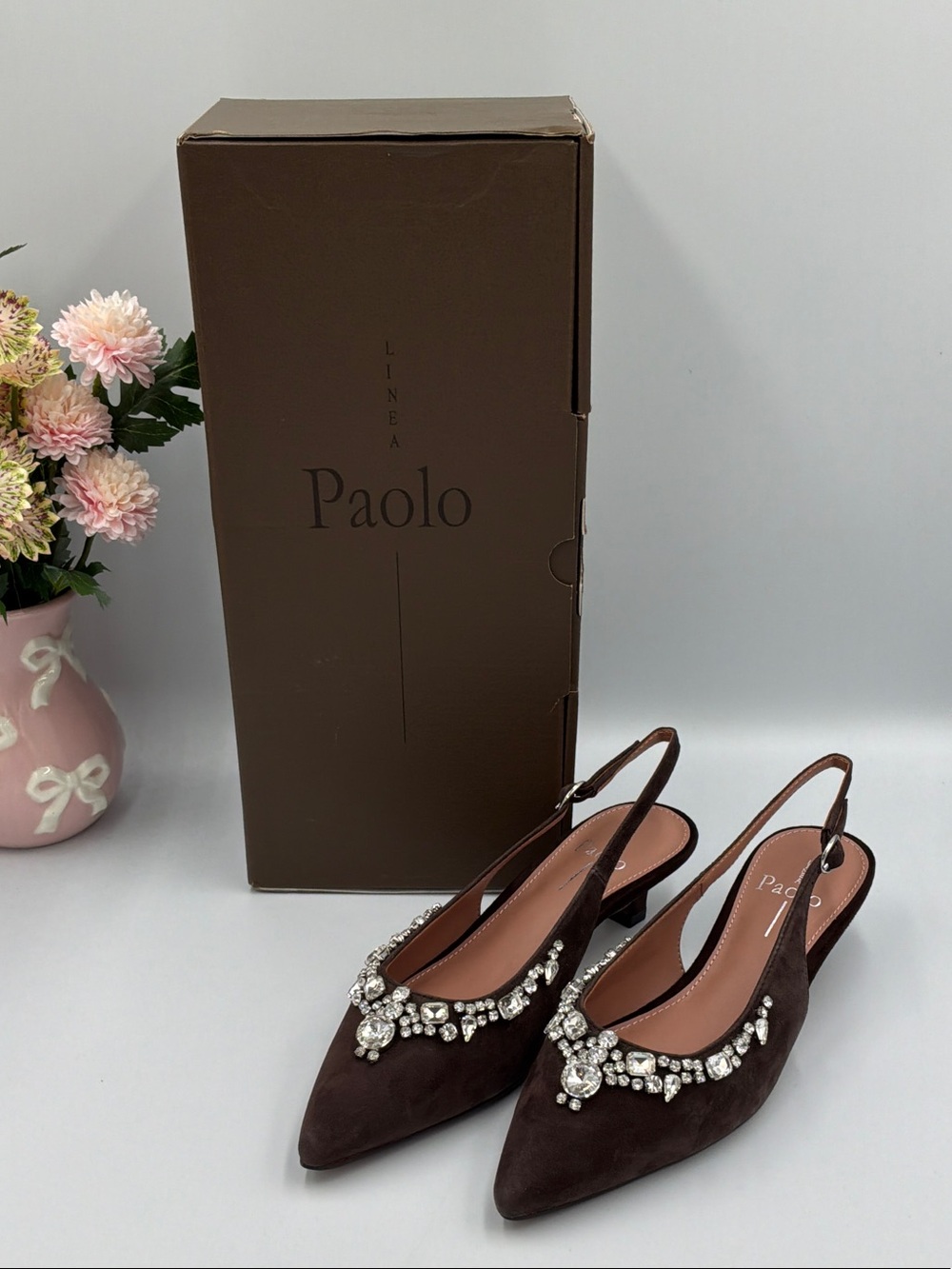 Paolo Brown Suede Slingback Flats with Crystal Accents